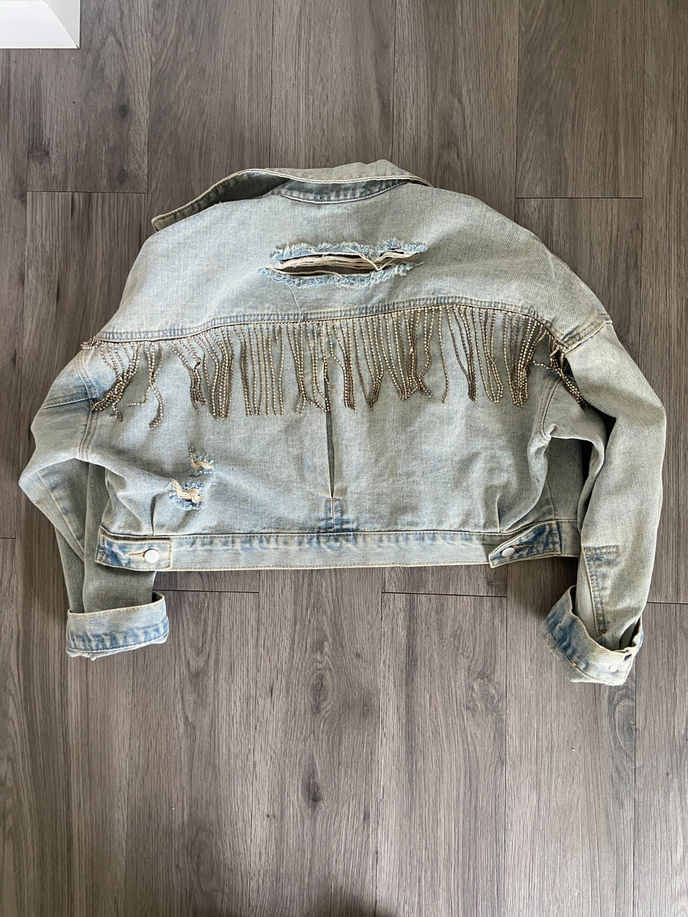 Blue B Denim Jean Jacket Women’s Sz M/L Western Light Distressed Beaded Tassles